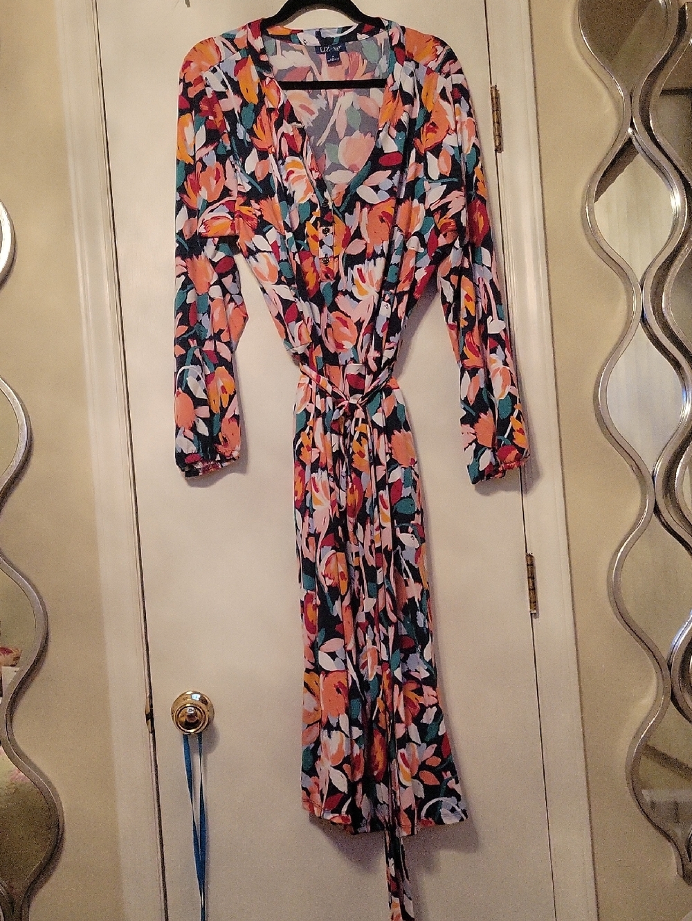 Liz & Me Long Sleeve Floral Wrap Dress in Teal, Coral & White